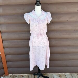 Vintage 70s Oops California Prairie Dress Lace Yoke Floral Pink Pastel Boho M